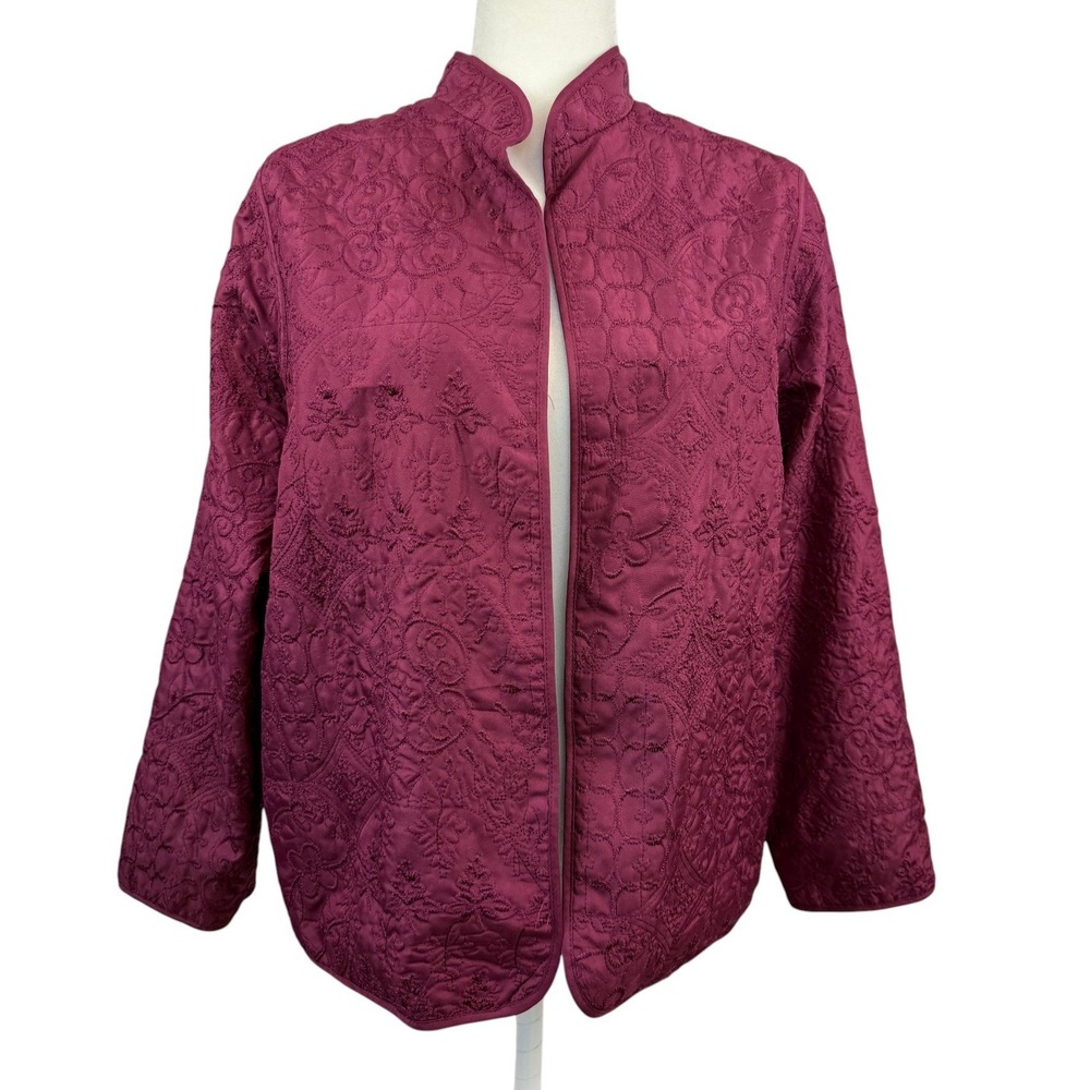 Alfred Dunner Petite 12P Burgundy Embroidered Quilted Open Front Jacket